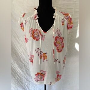 LOFT White Blouse with Coral and Pink Floral Print